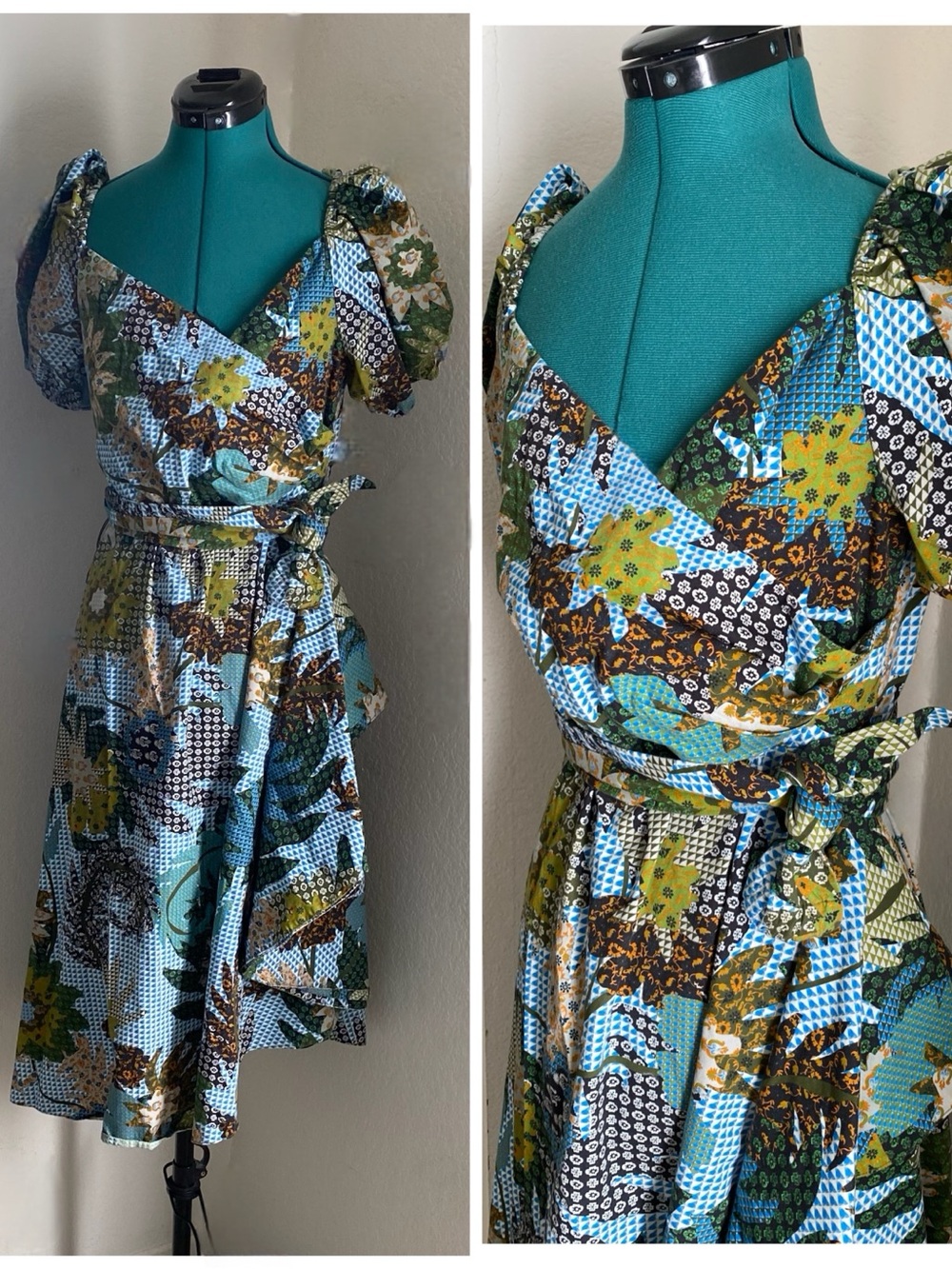 Sachin + Babi Patchwork Floral Wrap Midi Dress in Teal and Green 8